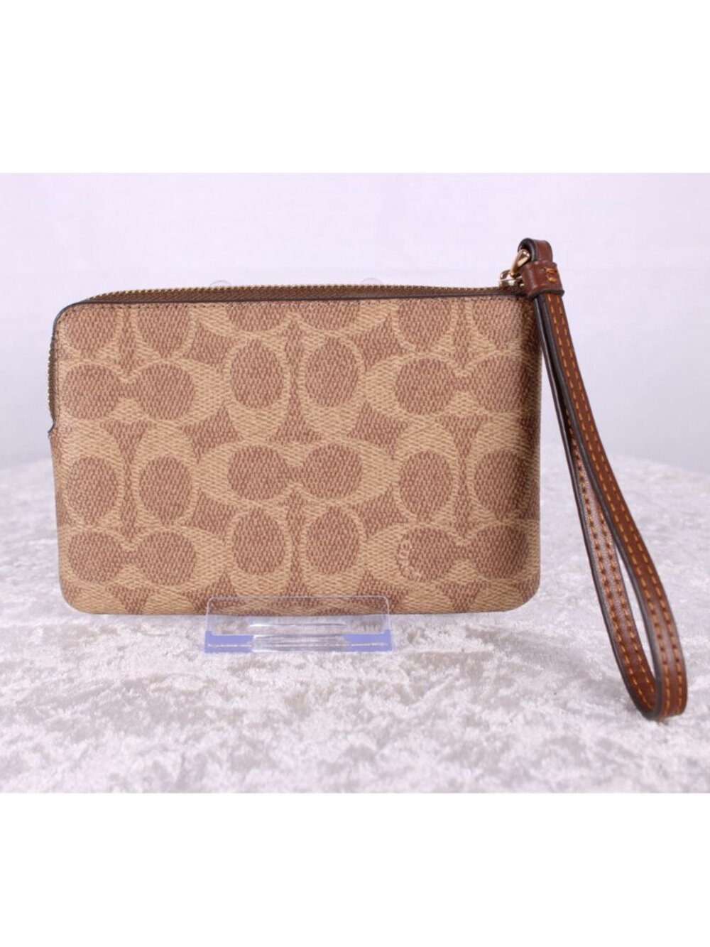 Coach Signature Canvas Zip Wristlet Wallet Tan Brown Leather Trim Gold Hardware - Picture 3 of 7